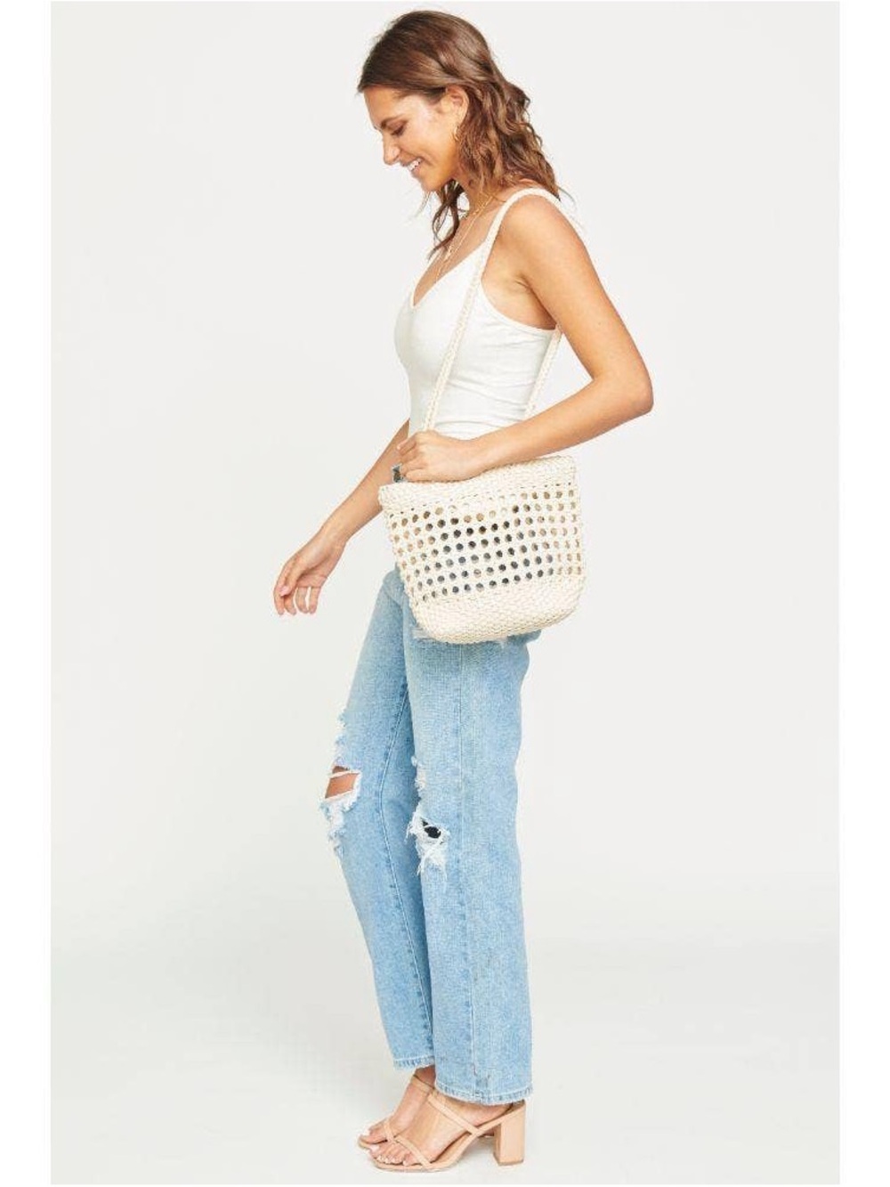 Cream Crochet Crossbody Tote Bag - Lightweight Summer Shoulder Bag